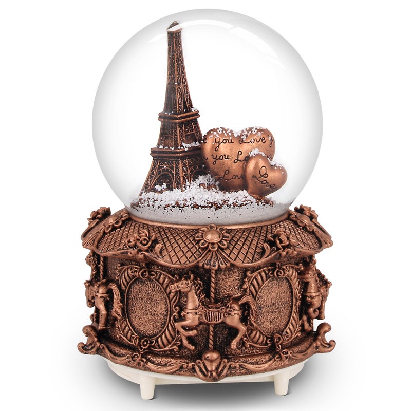 QTKJ Paris Snow Musical Globe with Color Changing LED Lights, Eiffel Tower Snow Globe with Merry-go-Round Base, 100mm 6" Tall Souvenirs Collection - Image 3